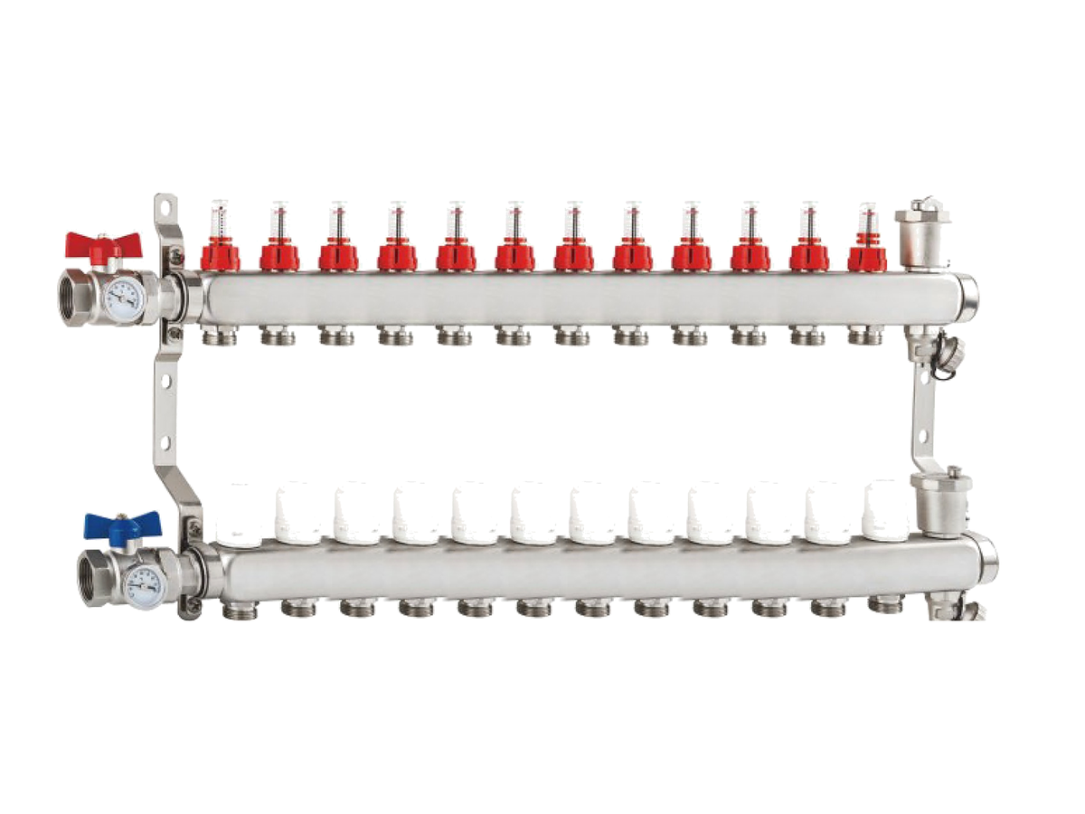 Aquacoils stainless steel radiant floor manifold, 12 loops, with GPM flow meters and 1 in. NPT female mains