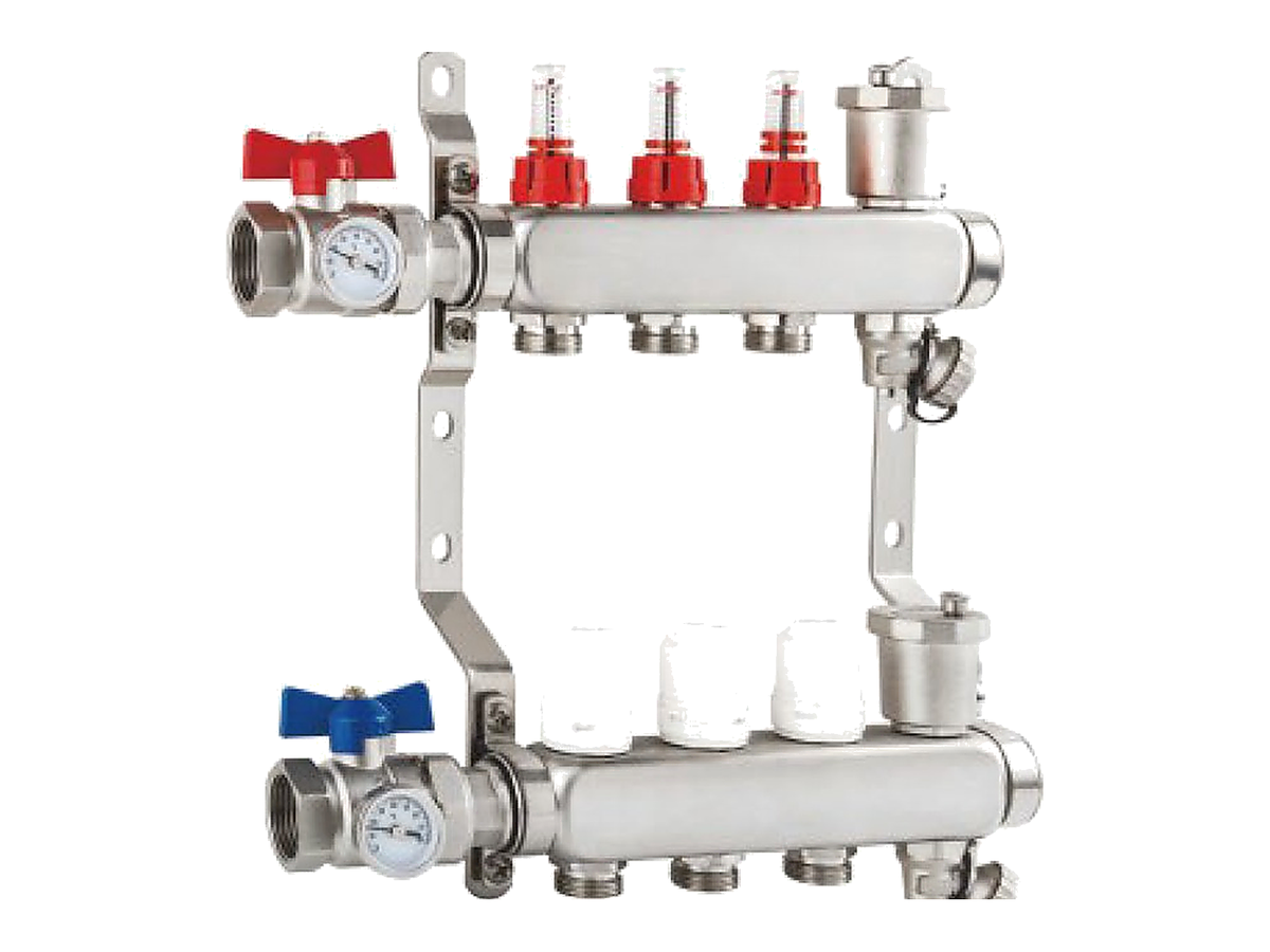 Aquacoils stainless steel radiant floor manifold, 3 loops, with GPM flow meters and 1 in. NPT female mains