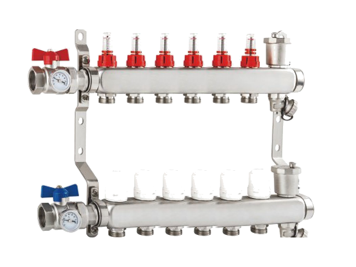 Aquacoils stainless steel radiant floor manifold, 6 loops, with GPM flow meters and 1 in. NPT female mains