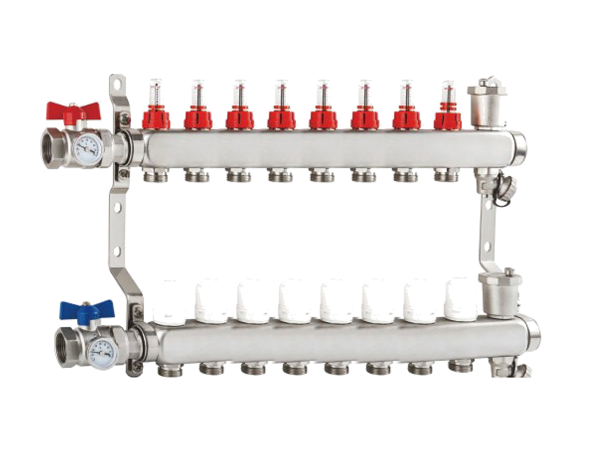 Aquacoils stainless steel radiant floor manifold, 8 loops, with GPM flow meters and 1 in. NPT female mains